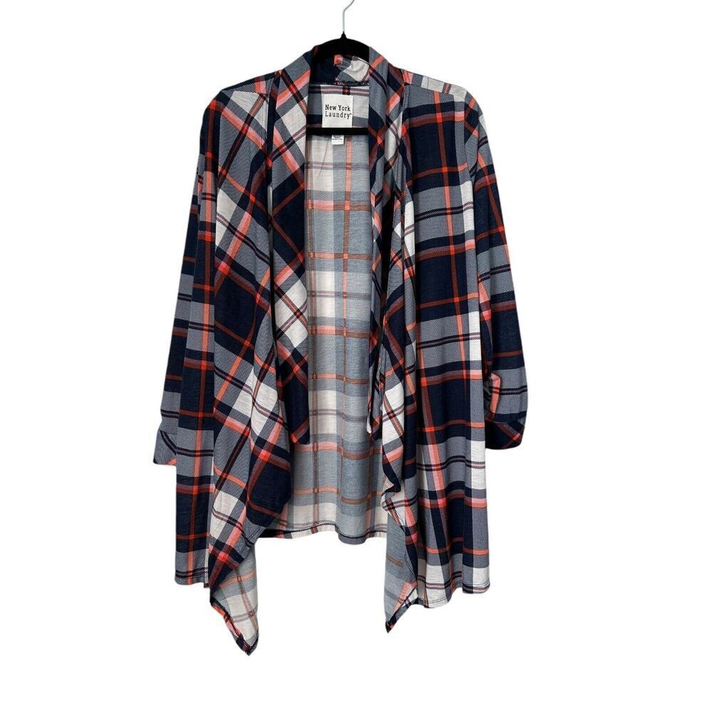 New York Laundry Sweater SZ XL Blue Plaid Roll Tab Sleeve Asymmetrical Cardigan